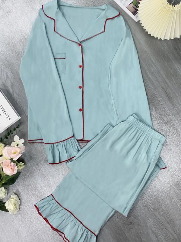 Women's Solid Color Lapel Collar Ruffle Pajama Set, 2024 New Style Long Sleeve Top & Wide Leg Pants Pj Set, Casual Comfy Pyjama Set for Women