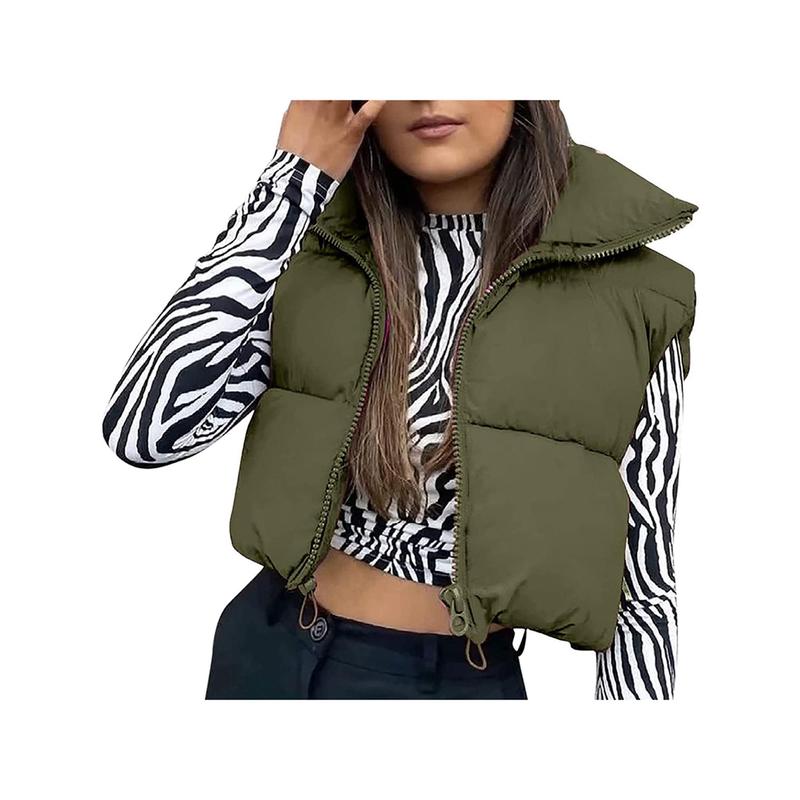 Womens Zipper Waistcoat Gilet Stand Collar Sleeveless Cropped Top Puffer Quilted Lightweight Vest Winter Warm Jacket Coat