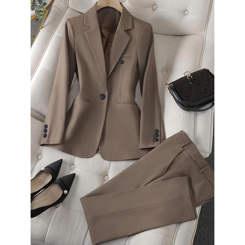 suit set - Elegant Suit Set - Plain Color, Single Breasted, Long Sleeve Blazer & Straight Leg Pants - Office Wear, Business Meetings, Formal Events - Women -  Chic and Professional Look - Effortless Chic, Unstoppable You!