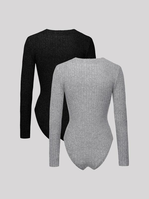 Women's Plain V Neck Long Sleeve Bodysuit, Casual Comfy Bodysuit, Women's Spring & Fall Clothes For Daily Wear