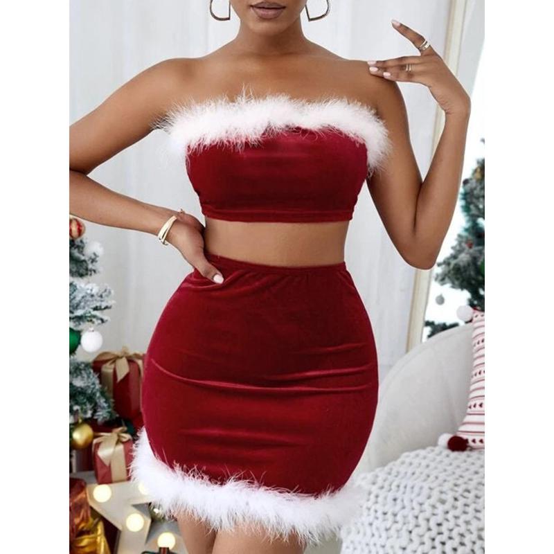 Women's Christmas Lingerie Uniform Velvet Santa Claus Fur Trim Crop Tube Tops + Bodycon Mini Skirt Xmas Cosplay Costume Set