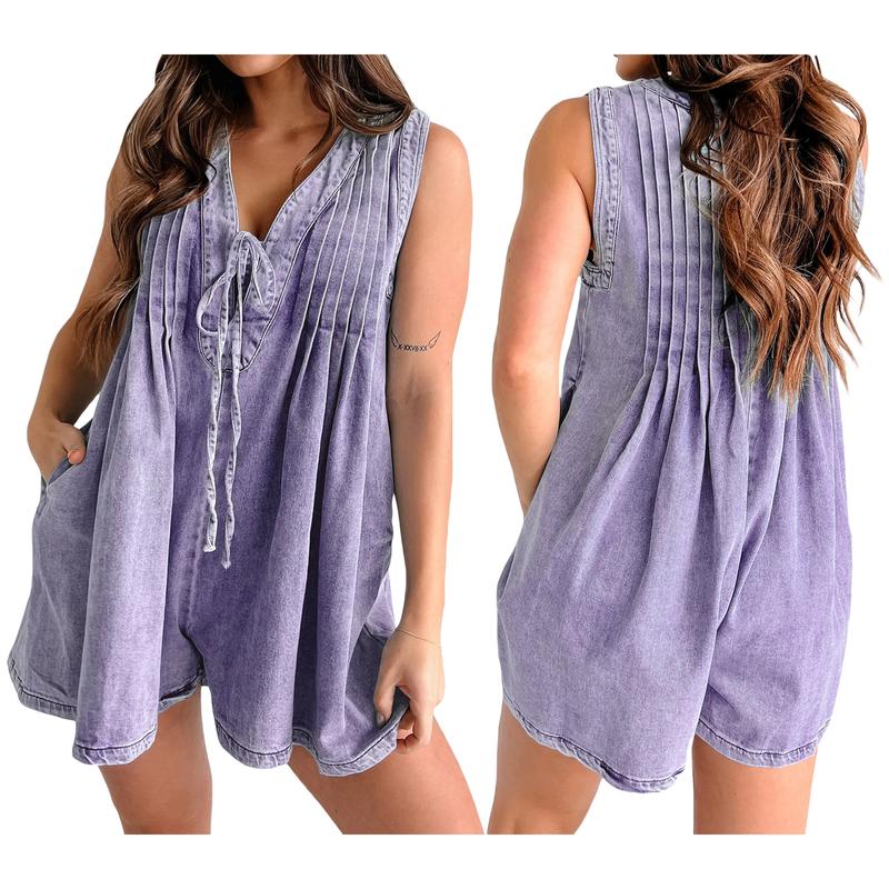 Womens Casual Sleeveless Tie Front Denim Romper Dress Overall Shorts Summer Jean Romper With Pocket