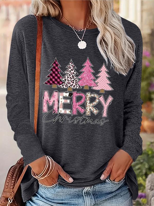 Women's Christmas Trees & Letter Print Drop Shoulder Tee, Casual Long Sleeve Round Neck Tops for Daily Wear, Womenswear Fall & Winter Clothes