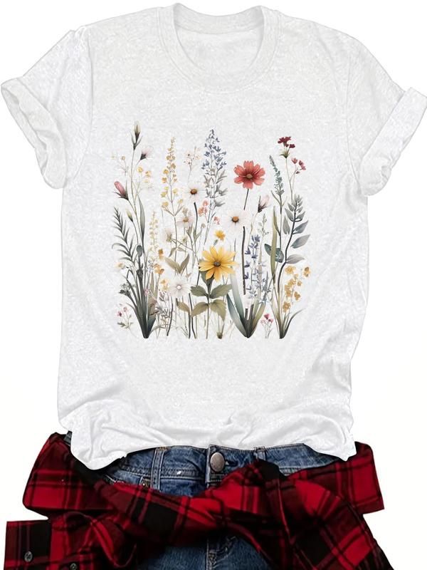 Women's Floral Print Round Neck Tee, Vintage Trendy Casual Fitted Short Sleeve T-shirt for Daily Wear Back To School, Graphic Tees, T Shirts for Women, Ladies Fall Outfit