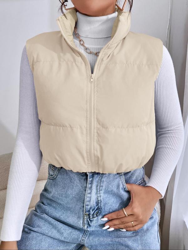 Women's Solid Color Zip Up Funnel Neck Vest Quilted Jacket, Casual Sleeveless Thermal Lined Outerwear for Fall & Winter, Women's Clothes for Daily Wear