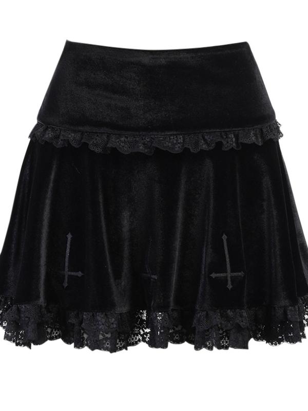 Women's Cross Print Contrast Lace Flared Velvet Skirt, Femboy Sissy Goth Outfit, Elegant Fashion A-Line Skirt for Daily Outdoor Wear, Girls Skirt, Women's Bottoms for Spring & Fall, Halloween, Halloween Costume