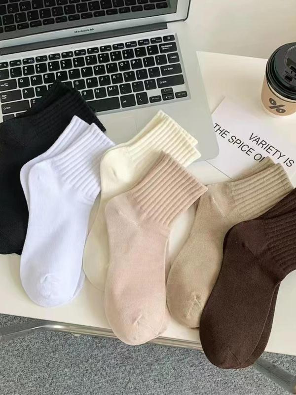 Women's 6 Pairs Solid Crew Socks, Simple Sporty Comfy Socks For All Seasons, Women's Socks For Daily Wear