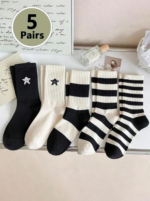 Women's 5 Pairs Colorblock Stripped & Star Print Crew Socks, Casual Moisture Wicking Socks, Soft Comfy Breathable Socks for All Seasons Daily Wear