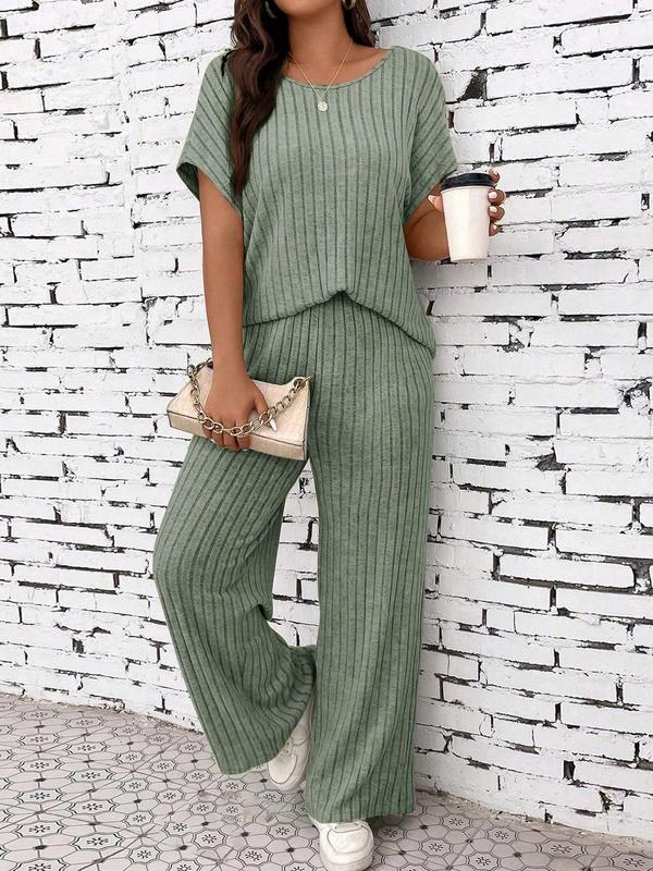 Women's Solid Ribbed Drop Shoulder Tee & Wide Leg Pants Two-piece Set, Casual Short Sleeve Round Neck T-shirt & Trousers for Summer, Ladies Clothes for Daily Wear Black Girl Outfits