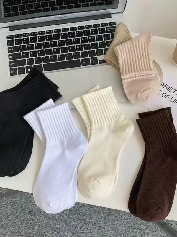 Women's 6 Pairs Solid Crew Socks, Simple Sporty Comfy Socks For All Seasons, Women's Socks For Daily Wear