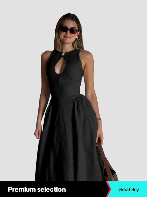 Women's Plain Cut Out Button Front Tank Dress, Elegant Dresses, Sleeveless Zipper Back A Line Dress for Party Holiday Wedding Guest, Dresses for Women, Ladies Clothes for Fall, Homecoming Dresses, Birthday Outfit Black Girl