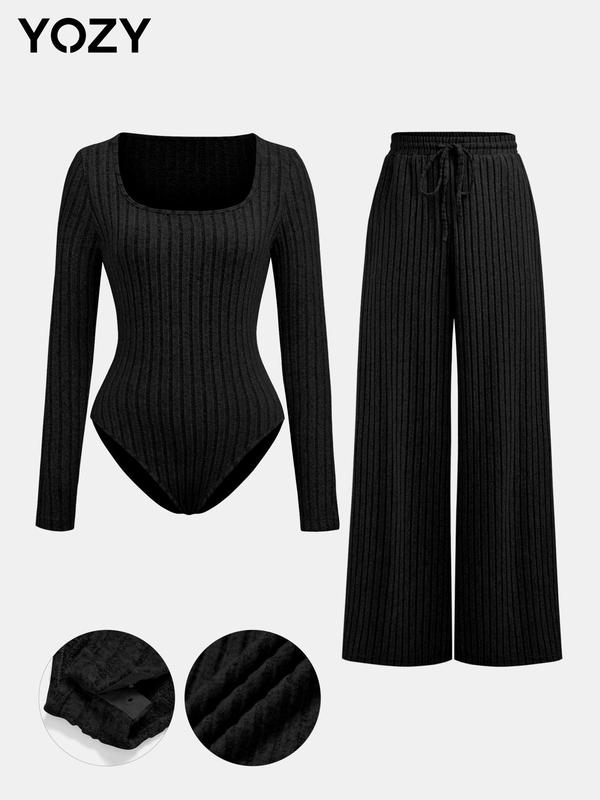 YOZY Christmas Deals, [3 Colors, Size 4-14] Ribbed Square Neck Bodysuit & Drawstring Waist Pants Set  Long Sleeve Bodysuit & Elastic Waist Wide Leg Trousers Set, 2024 Women's Fall & Winter Clothes, [S-XXL], Christmas 2024 Trend, Fall & Winter Outfits