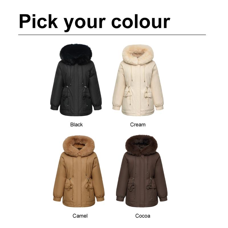 PUFFIT Faux Fur Mid-Length Hooded Drawstring Parka, Winter Warm Thickened Ladies Puffer Jackets, Fleece Lined Winter Coat for Women Go.G.G