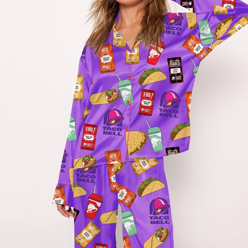 Taco Bell Pajama Set For Women Print Comfy Satin Sleepwear & Loungewear Pjs Short Sleeve Top & Bottoms Shorts Without Pockets SHESHOW -