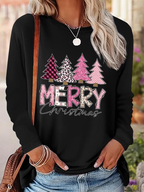 Women's Christmas Trees & Letter Print Drop Shoulder Tee, Casual Long Sleeve Round Neck Tops for Daily Wear, Womenswear Fall & Winter Clothes