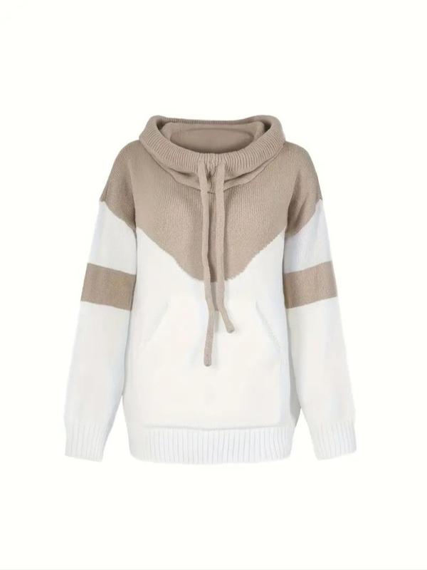 Women's Colorblock Print Drawstring Pocket Hooded Sweater, Casual Drop Shoulder Long Sleeve Jumper for Fall & Winter, Women's Knitwear for Daily Wear