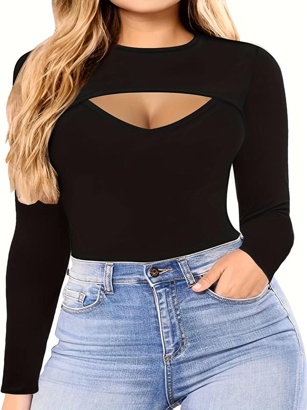 Women's Cut Out Round Neck Bodysuit, Solid Long Sleeve Bodycon Bodysuit for Daily Outdoor Wear, Women's Clothes for Spring & Fall