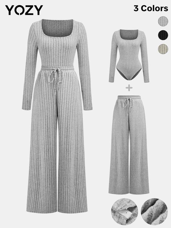 YOZY Christmas Deals, [3 Colors, Size 4-14] Ribbed Square Neck Bodysuit & Drawstring Waist Pants Set  Long Sleeve Bodysuit & Elastic Waist Wide Leg Trousers Set, 2024 Women's Fall & Winter Clothes, [S-XXL], Christmas 2024 Trend, Fall & Winter Outfits