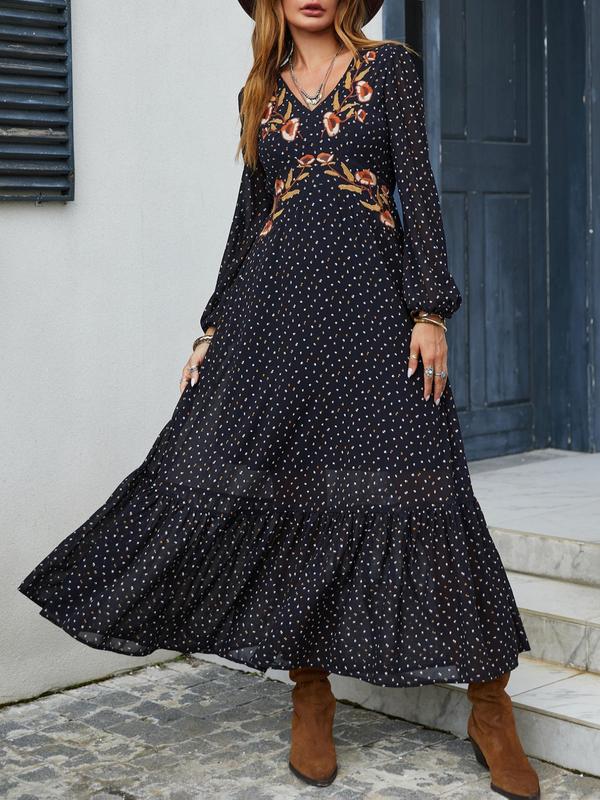 Women's Boho Flroal Embroidery Ruffle Hem V Neck A Line Dress, All Over Print Bishop Sleeve Midi Dress for Spring & Fall, Dresses for Women, Women's Clothing for Daily Wear