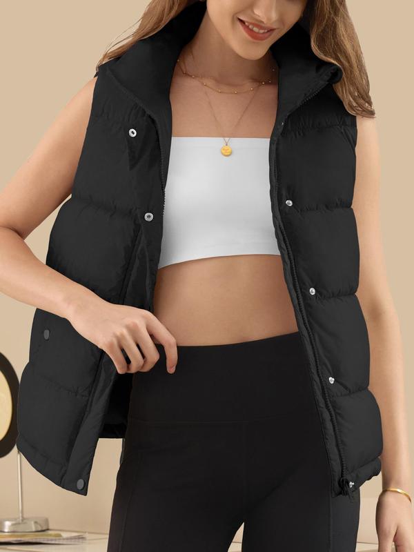 Women's Solid Button Front Pocket Zip Up Vest Coat, Sporty Stand Collar Sleeveless Outerwear for Fall & Winter, Women's Clothing for Daily Wear