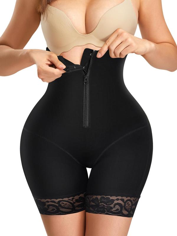 Women's Solid Contrast Lace Zipper High Waist Shapewear Shorts, High Stretch Tummy Control Butt Lift Shaper, Ladies Shapewear for All Seasons