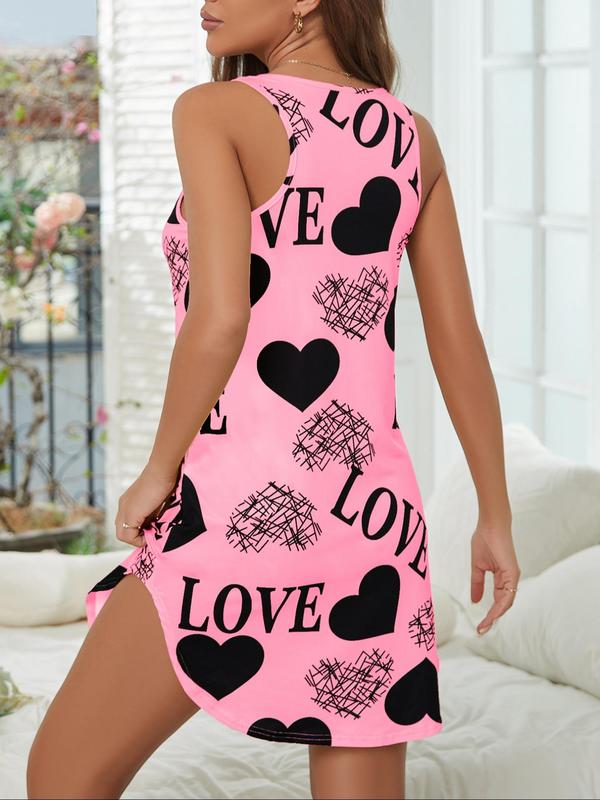 Women's Heart & Letter Print Tank Nightdress, Casual Curved Hem Round Neck Nightgown for Summer, Ladies Summer Sleepwear