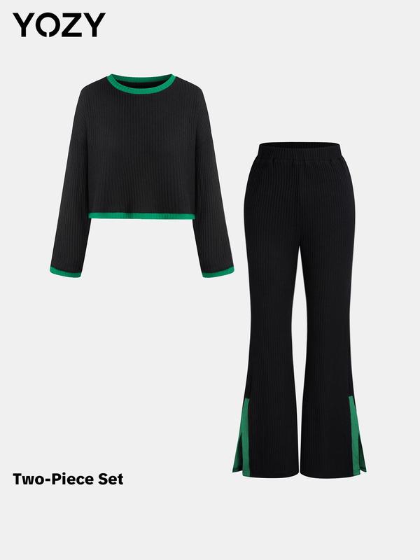 YOZY Christmas Deals, Two-Piece Set Women's Contrast Binding Top & Split Hem Flare Leg Pants, Fashion Long Sleeve Top & High Waist Trousers, Women's Clothing for Fall & Winter, Christmas 2024 Trend, Fall & Winter Outfits