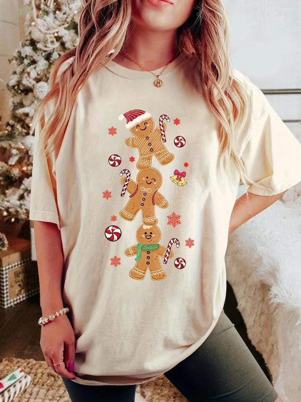 Women's Christmas Gingerbread Man Print Round Neck Tee, Casual Short Sleeve Drop Shoulder T-shirt for All Seasons, Fashion Women's Top for Daily Wear