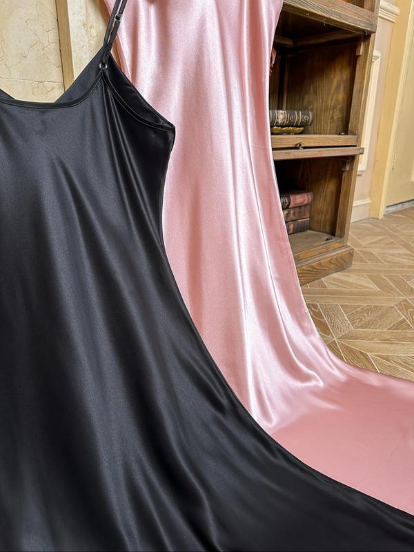 Women's Plain Backless Soft Satin Cami Nightdress, Summer Clothes Women, Soft Adjustable Spaghetti Strap Long Nightgown, Women's Sleepwear for Summer