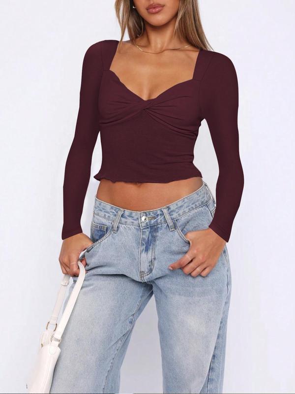 Women's Plain Twist Sweetheart Neck Crop Tee, Casual Long Sleeve T-shirt for Fall & Winter, Women's Clothing for Daily Wear