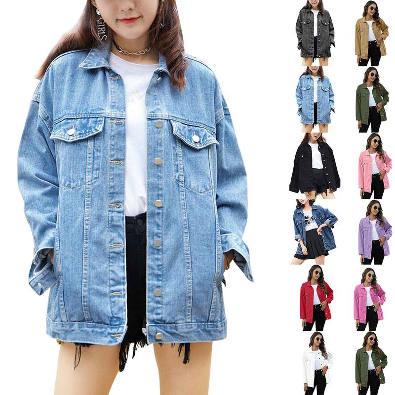 SCUSTY Womens Loose Oversized Denim Jacket Long Sleeved Button Jean Jacket Coat Tops