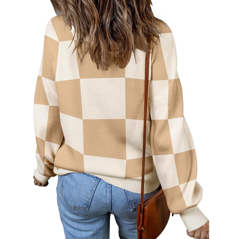 MOSHU Oversized Sweaters for Women Drop Shoulder Plaid Colorblock Tops Fall Crewneck Pullover Sweater