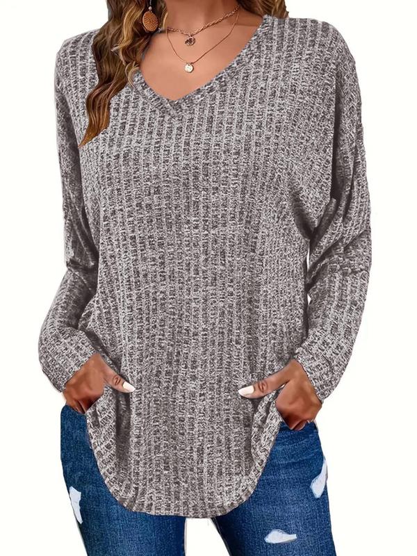 Plus Plain Textured Drop Shoulder V Neck Knit Top, Casual Long Sleeve Ribbed Top for Fall & Winter, Sweaters for Women, Women's Plus Clothing for Daily Wear