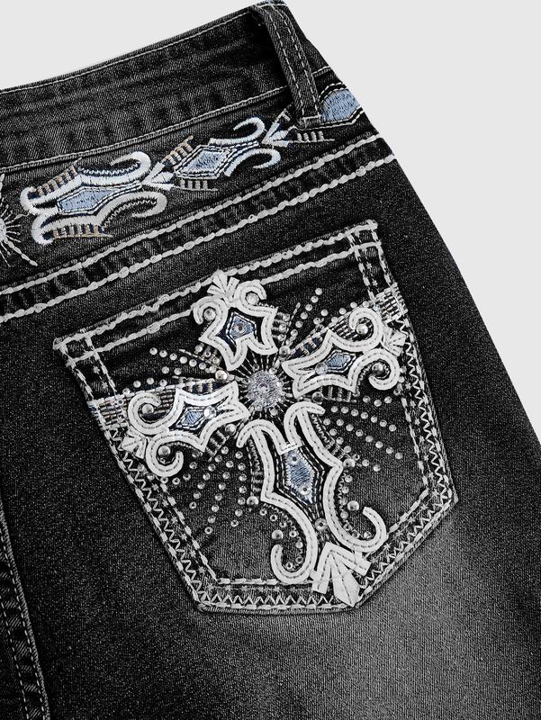 ROMWE Grunge Punk Y2K Vintage Flare Jeans For Women, Pocket Cross Wing Embroidery Slim Fit Bell Bottom Denim Pants