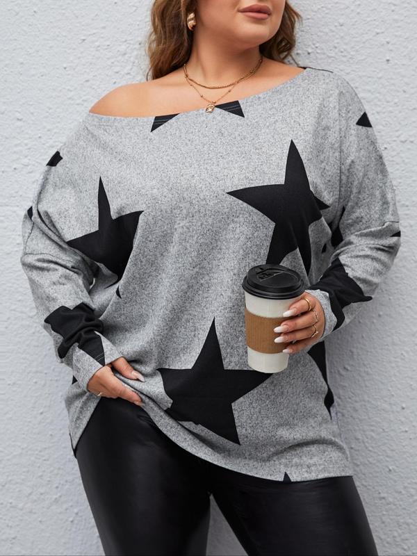 Plus Size Star Print Drop Shoulder Tee, Vintage Graphic Tees, Fall Casual Style Long Sleeve Boat Neck T-shirt for Spring & Fall, Comfort Womenswear, Lady Streetwear