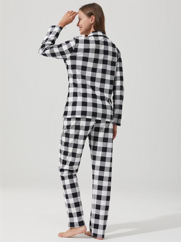 Couple's Plaid Print Button Front Pajama Two-piece Set, Casual Comfy Long Sleeve Pocket Top & Elastic Waist Pants Pj Set, Couple's Sleepwear for Spring & Fall