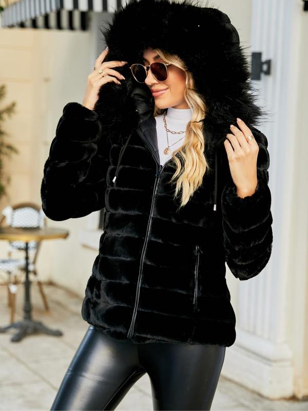 Women's Solid Color Contrast Faux Fur Reversible Hooded Jacket, Casual Warm Long Sleeve Drawstring Quilted Coat for Fall & Winter, Women's Clothing for Daily Wear