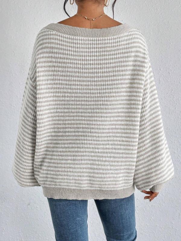 Women's Striped Print Drop Shoulder Boat Neck Sweater, Casual Long Sleeve Jumper for Spring & Fall, Fashion Women's Knitwear for Daily Wear