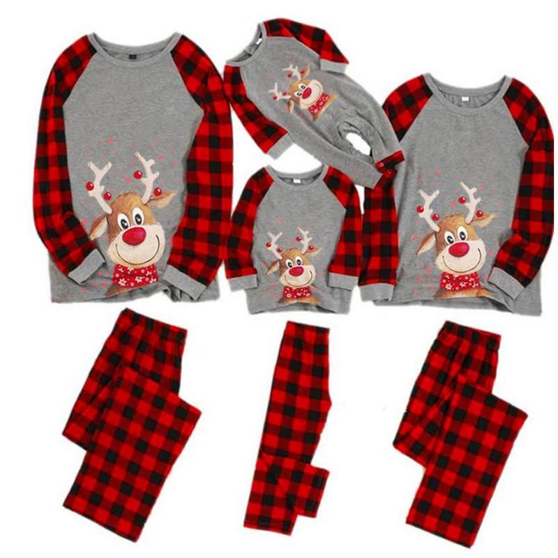 Matching Christmas Pajamas For Family Deer Plaid Print Pajamas Round Neck Parent-child Clothing