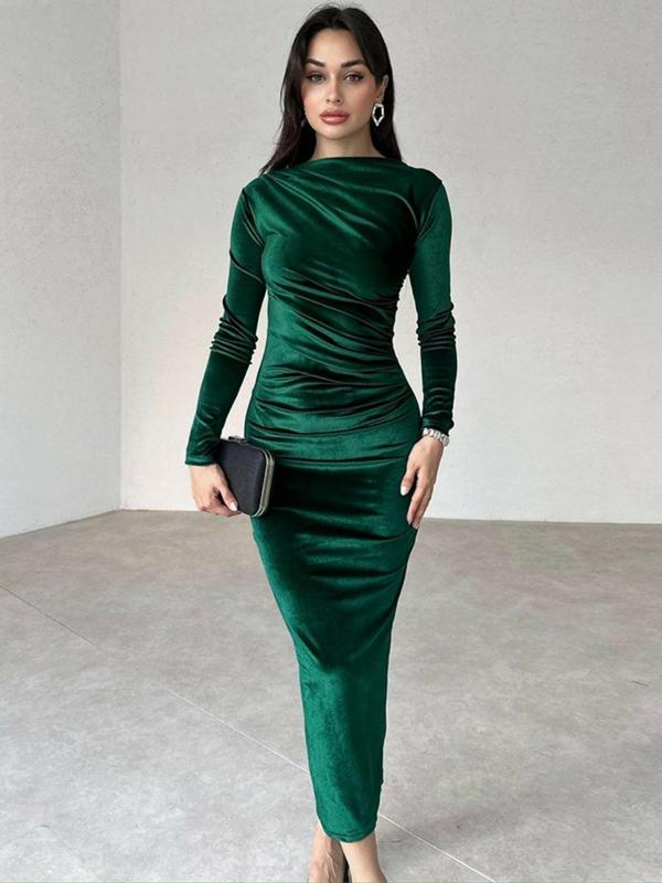 Women's Plain Ruched Boat Neck Bodycon Velvet Dress, Elegant Long Sleeve Midi Dress for Party Holiday Wedding Guest, Ladies Spring & Fall Clothes