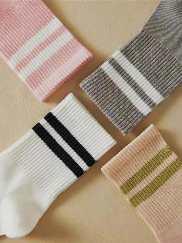 Women's 5 Pairs Striped Print Ankle Socks, Casual Comfortable Mid-calf Socks for Daily Wear, Breathable Multipack Knit Socks for Fall & Winter