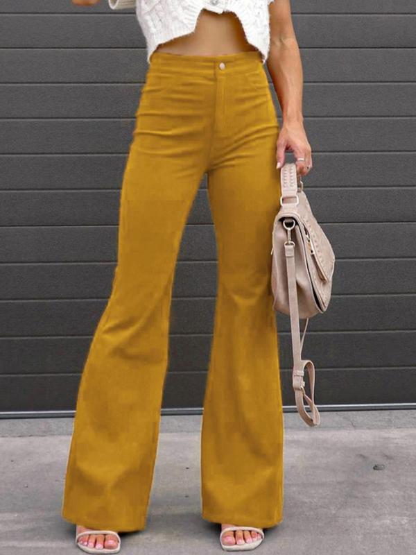 Women's Plain High Waist Flare Leg Pants, Elegance Flared Pants, Casual Pocket Button Fly Bell Bottom Trousers for Spring & Fall, Pants for Women, Women's Bottoms for Daily Wear