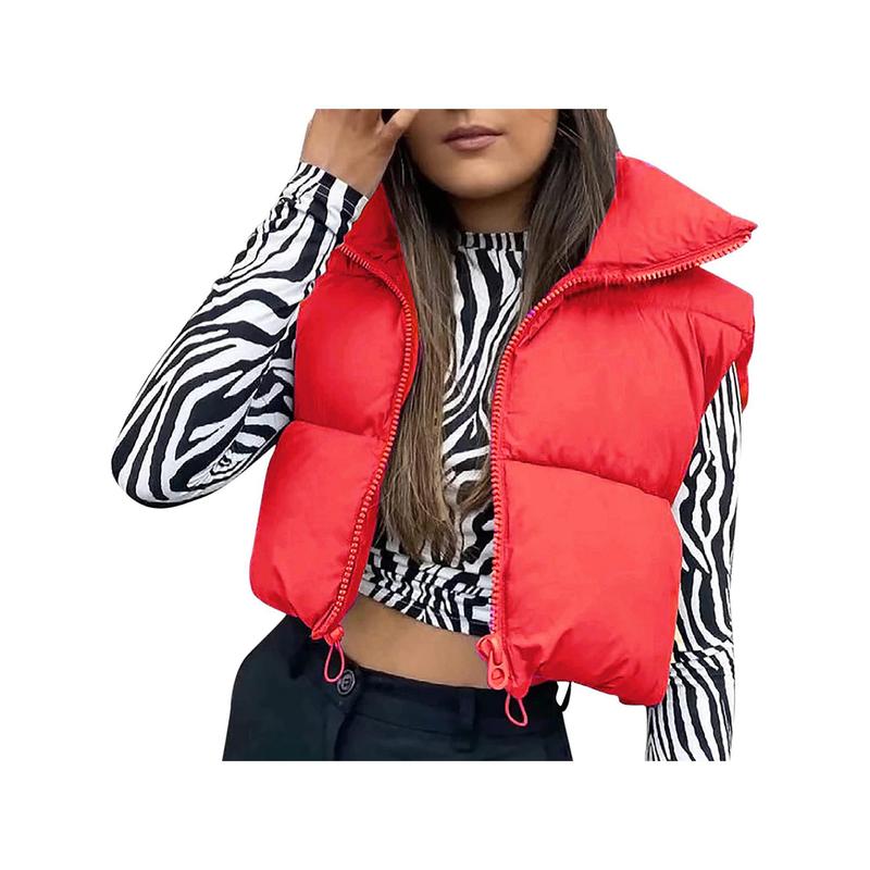 Womens Zipper Waistcoat Gilet Stand Collar Sleeveless Cropped Top Puffer Quilted Lightweight Vest Winter Warm Jacket Coat