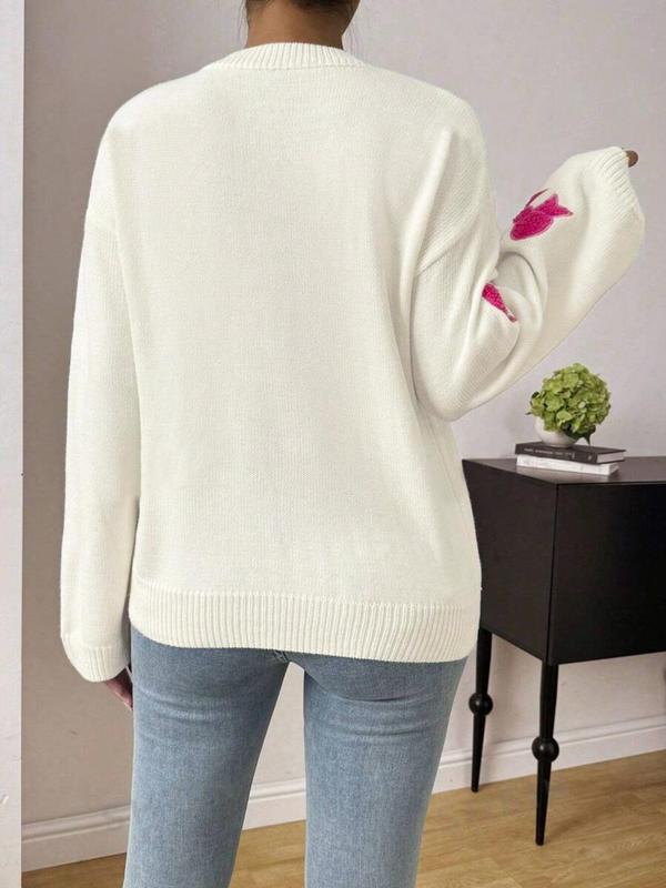 Women's Bow Patched Drop Shoulder Sweater, Casual Long Sleeve Round Neck Jumper for Fall & Winter, Fashion Ladies' Knitwear for Daily Wear