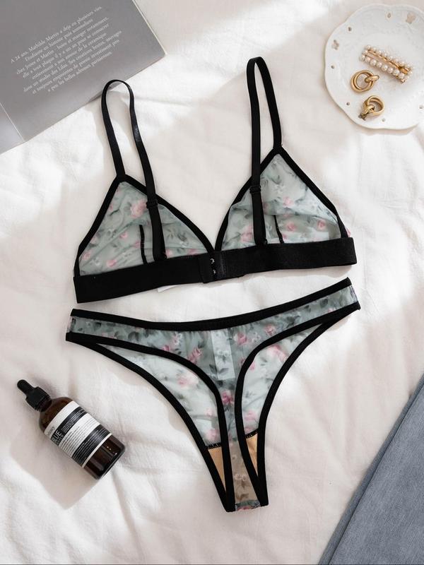 Women's Floral Print Wireless Bra & Thong Set, Adjustable Strap Sheer Mesh Sexy Lingerie Set, Soft Comfy Breathable Underwear Set for Women