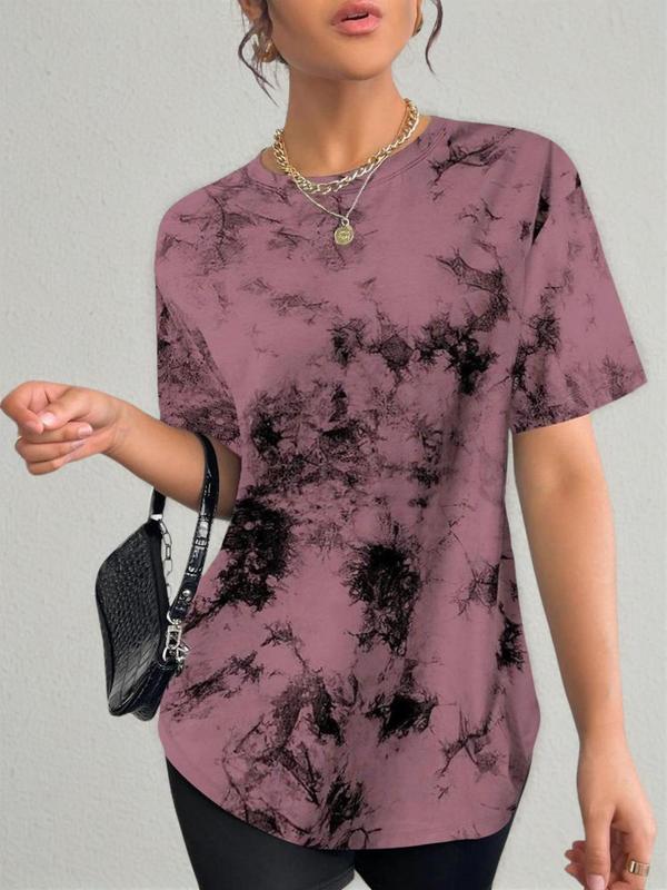 Women's Tie Dye Print Round Neck Tee, Fashion Casual Short Sleeve T-shirt for Daily Wear, Ladies Summer Clothes