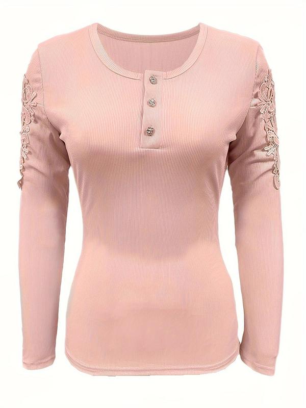 Women's Contrast Lace Hollow Out Round Neck Tee, Casual Buttons Longsleeves Mean Girls T-Shirt, Lady Top, Summer Outfits 2024, Womenswear