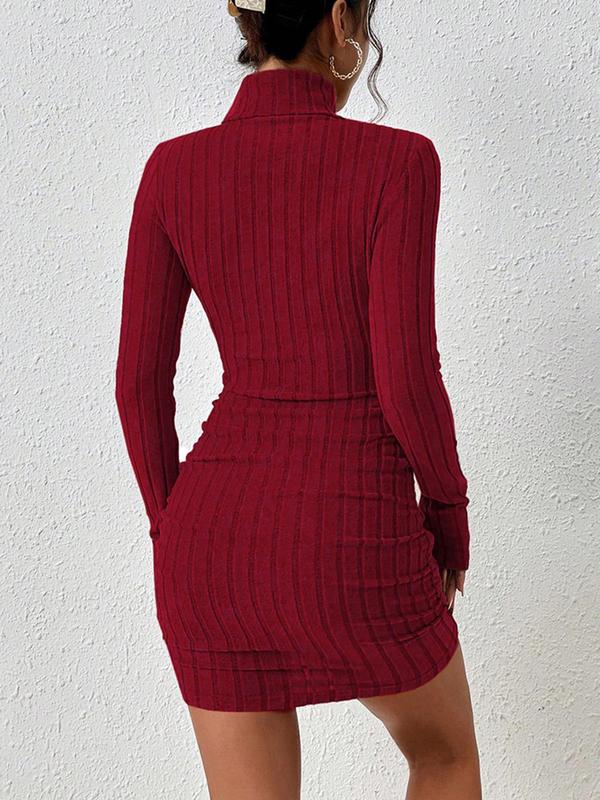 Women's Textured Long Sleeve Bodycon Dress, Solid Color Turtle Neck Short Dress for Spring & Fall, Women's Clothing for Daily Wear