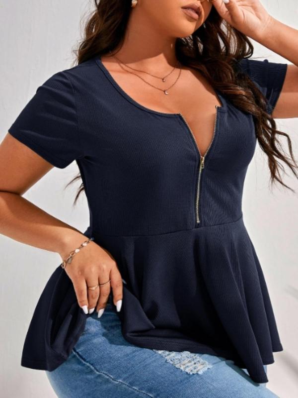  Solid Peplum Zipper Square Neck Summer Tees, T Shirts for Women, Casual Short Sleeve T-shirt for Summer, Back To School Outfits, Women's Plus Clothing for Daily Wear