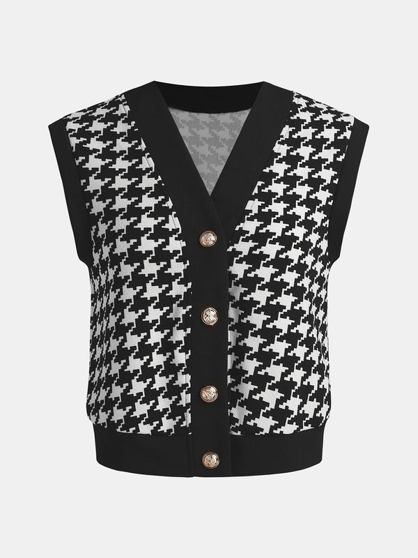 YOZY Women's Houndstooth Print Button Front V Neck Sweater Vest, Casual Sleeveless Knit Top for Daily Wear, Ladies Knitwear for All Seasons